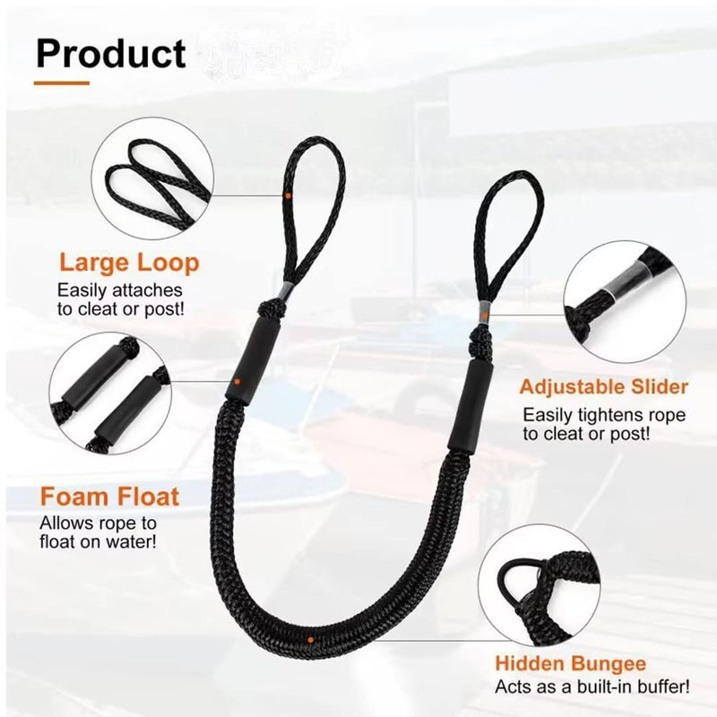 Perixir Bungee Dock Lines, 4-Pack, Black, 4ft (Stretches to 5.5ft), Compatible with Watercraft, Boat Mooring Rope - Image 2